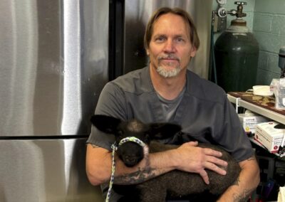 man holding baby lamb